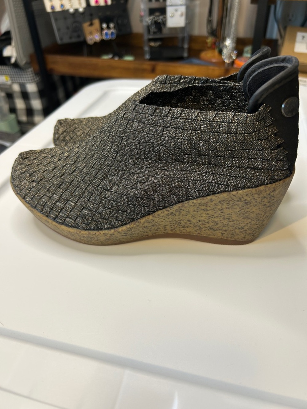 Bernie Mev. Metallic Woven Wedge Booties in Black and Gold